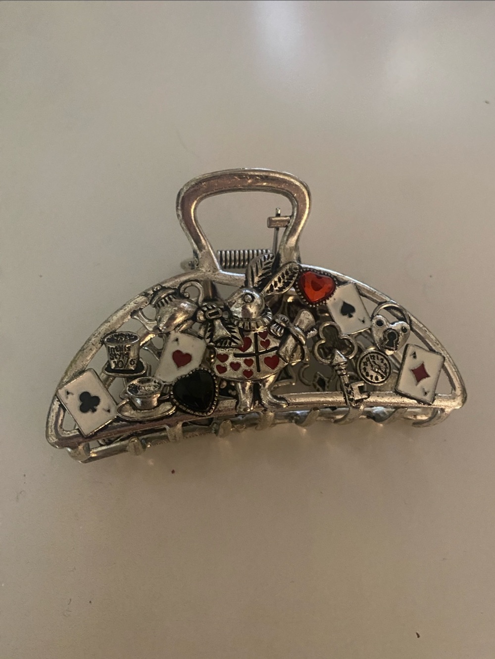 Alice in Wonderland Silver Tone Card & Rabbit Hair Claw Clip